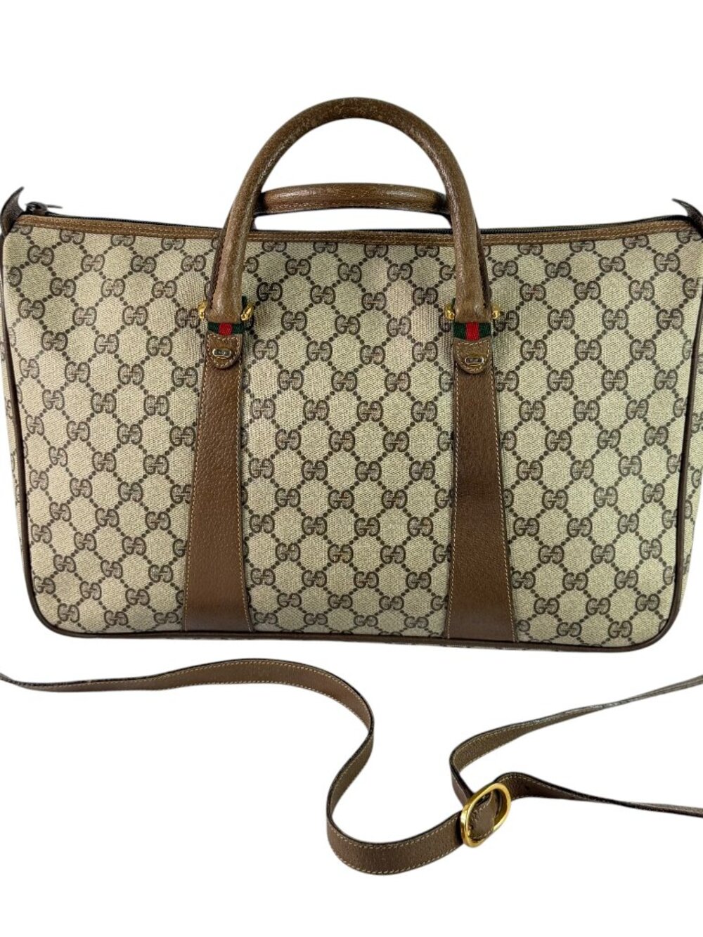 GUCCI Beige Canvas GG Monogram Web Accent Supreme Boston Bag Made in Italy